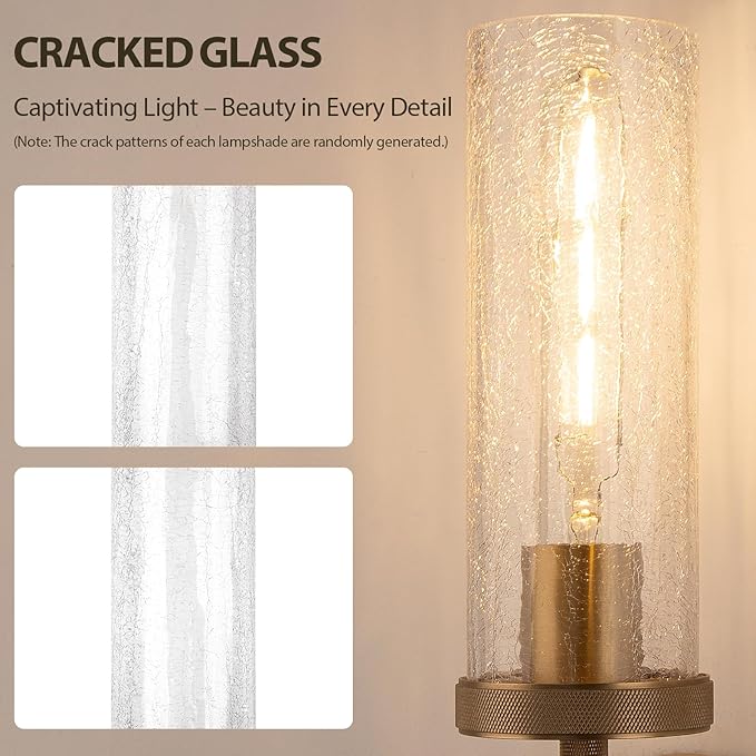 15" Knurled Brass Wall Sconces Set of 2, Gold Bathroom Vanity Light Fixtures with Crackle Glass Tube, Modern Lamp Lighting for Bedroom, Living Room, Hallway, Staircase, Mirror, Kitchen