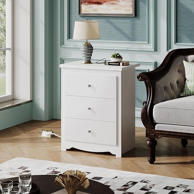 WLIVE Tall Nightstand with Charging Station, Wood Nightstand with 3 Drawers, White Side Tables Bedroom, Dorm, End Table with 2 USB Ports and 2 AC Outlets, Bedside Table