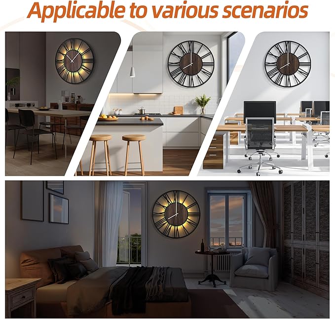 LEIKE Large Wall Clocks with Night Light Battery Operated,Silent Non Ticking,Rustic Modern Big Wood Clock for Living Room, Bedroom,Kitchen,Farmhouse,Office,Home Decor-30 Inch(Roman Numerals)