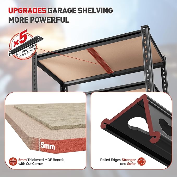 REIBII 2020LBS Storage Shelves 5 Tier Garage Shelving Heavy Duty, Adjustable Metal Shelving, Garage Shelves for Basement, Warehouse, Pantry, Closet, Kitchen 72" H x 35.55" W x 16" D, Black, 2 Pack