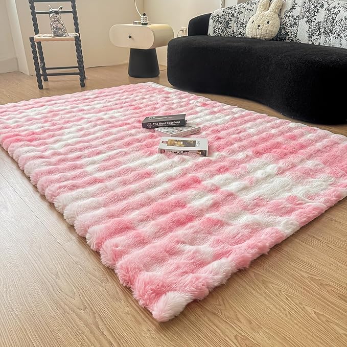 Pink White Rabbit Plush Area Rug for Bedroom Living Room Sofa,5'X8' Faux Fur Fluffy Shaggy Rectangular Square Rug for Kids Teen Girls Room,Furry Carpet Rug for Nursery Baby Room Decor for Teenage