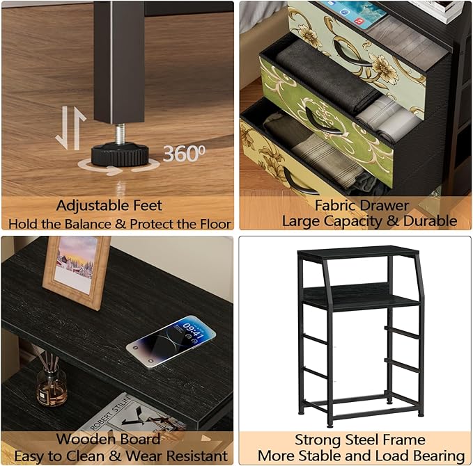 Furnulem Retro Dresser for Bedroom, Small Dresser for Closet, Vintage Nightstand with 4 Drawers, Fabric Storage Organizer Bedside Table Side Furniture, Metal Frame, Wood Top