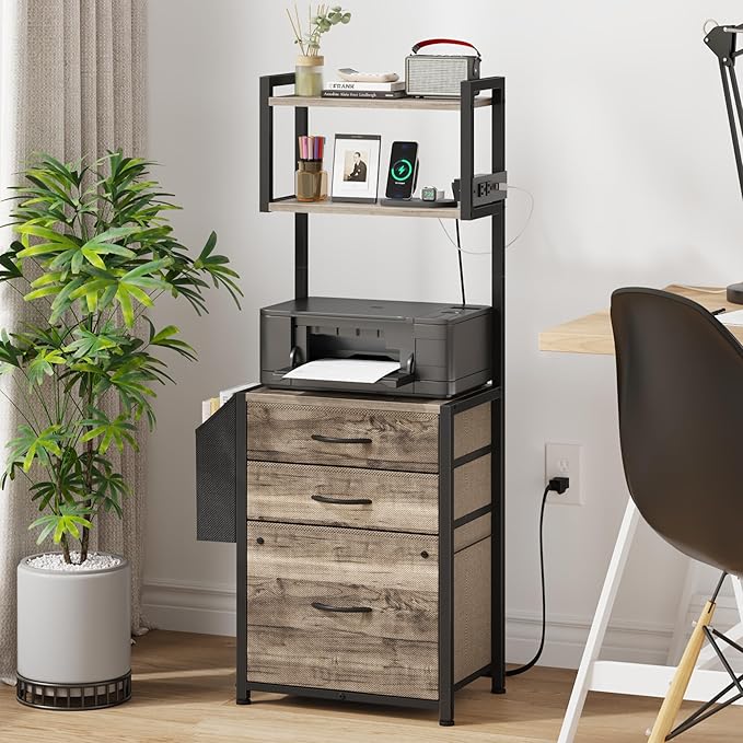 3 Drawer File Cabinet with Charging Station, 3-Tier Tall Filing Cabinet for Home Office, 11''*16'' for Small Printer, Fabric Drawer Fits A4/Letter, Printer Stand 45''H, Grey