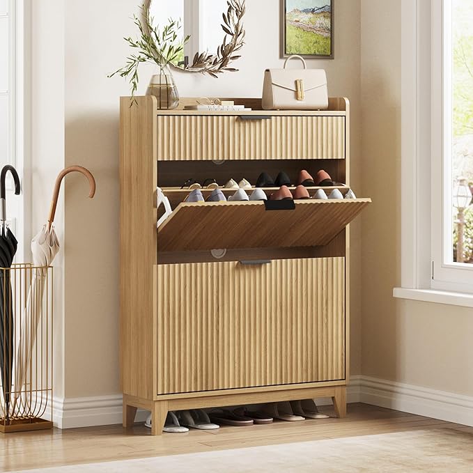 Maupvit Fluted Shoe Cabinet with 2 Flip Drawers & Large Drawer, Freestanding Shoe Storage with Adjustable Shelf, Shoes Organizer Shoe Rack for Entryway, Hallway, Front Door Entrance
