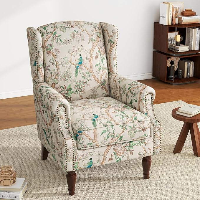 UIXE High Back Floral Accent Chair, Fabric Upholstered Armchair Wingback Arm Club Chair for Living Room, Nailhead Trim Single Sofa Bedroom Side Reading Seat with Solid Wood Legs - Bird Pattern