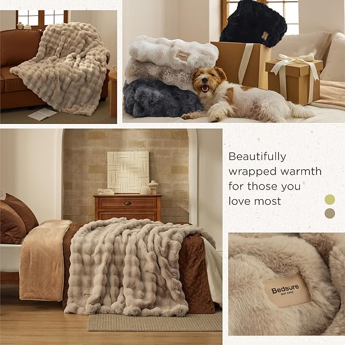 Bedsure GentleSoft Fluffy Faux Fur Blanket Twin Size, Fuzzy Soft Bubble Blanket for Couch, Faux Fur Decor for Home Living Room, Thick Furry Cozy Gifts for Women, Beige, 60x80 Inch