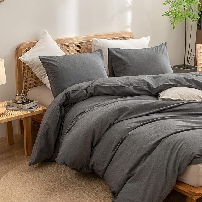 BESTOUCH Duvet Cover Set 100% Washed Cotton Linen Feel Super Soft Comfortable Chic Lightweight 3 PCs Home Bedding Set Solid Dark Grey Oversized Queen