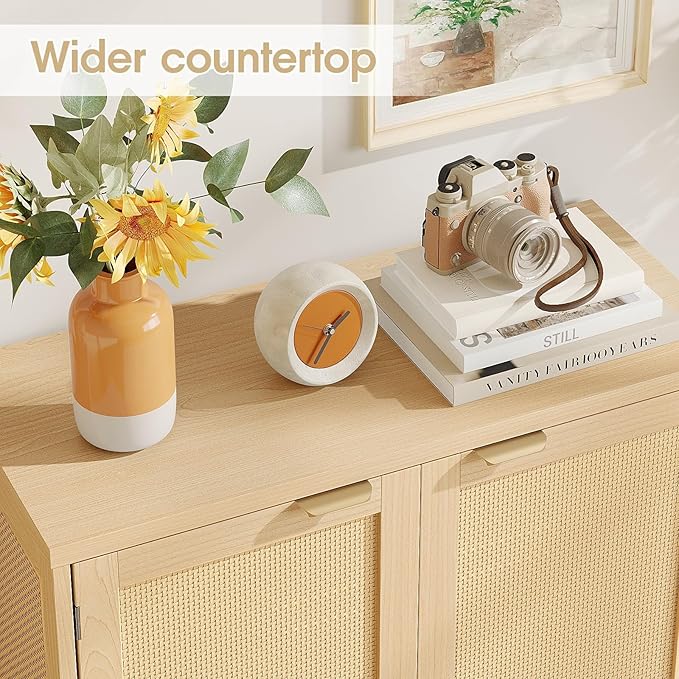 Maupvit Real Rattan Shoe Storage Cabinet with 2 Doors and 5 Shelves, Boho Shoe Organizer Cabinet, Accent Credenza Cabinets, 5-Tier Shoe Cabinet Storage for Entryway, Hallway, Living Room