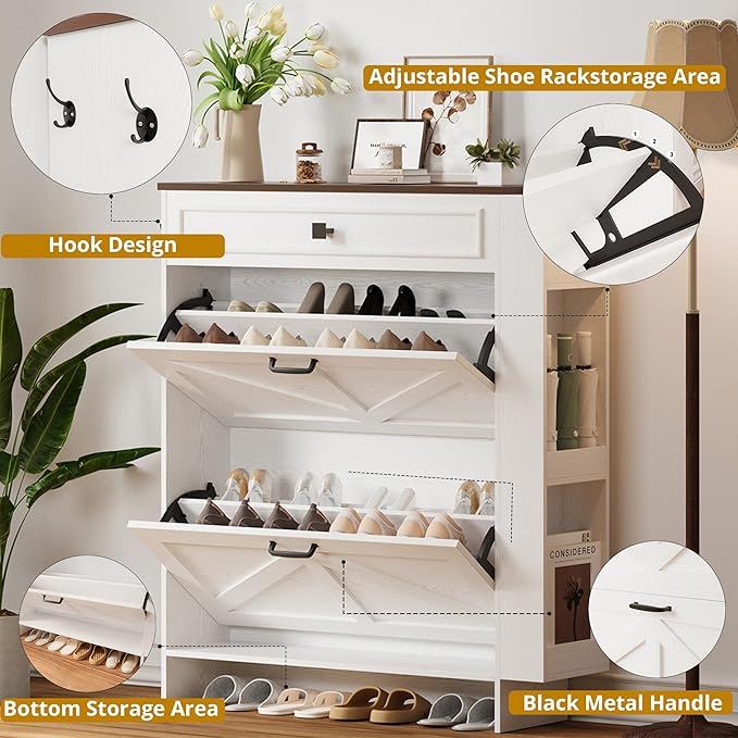 IRONCK Shoe Storage Cabinet with 2 Flip Drawers & Barn Door Design, Freestanding Shoe Cabinet Organizer with Drawer and Shelves for Entryway, Farmhouse Shoe Rack Cabinet, White/Walnut