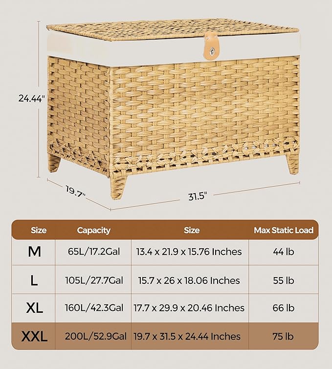 Wicker Storage Basket with Lid,Rattan Shelf Basket with Removable Liner Bag,200L Storage Bin,Storage Trunk with Heightened Feet,Storage Container for Wardrobe,Home Organizer