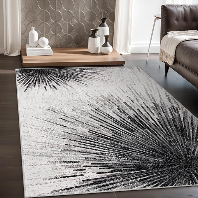 Lahome Modern Black Carpet for Living Room - Non-Slip Washable 4x6 Rugs Room Rugs for Bedroom Stain Resistant Throw Entryway Indoor Area Rugs, Abstract Print Carpet for Office Kitchen Laundry