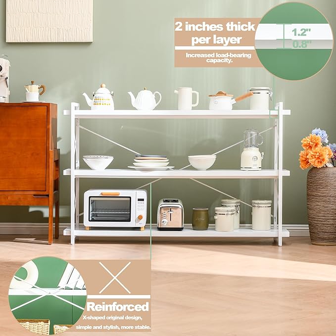 HCHQHS Bookshelf, 3-Tier Long Industrial Bookcase, White Open Book Shelf, Freestanding Horizontal Bookshelves with Metal Frame