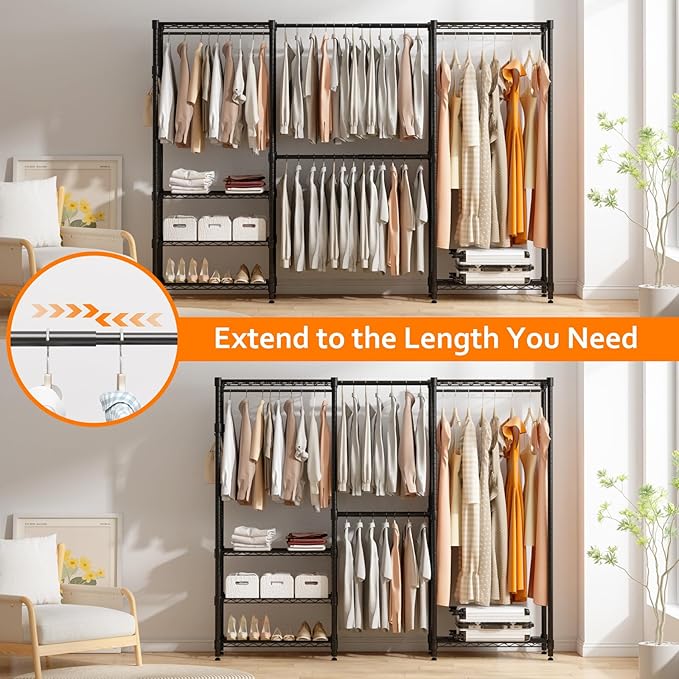 BATHWA Adjustable Heavy Duty Wardrobe Closet Organizer - Expandable Metal Clothing Rack with 4 Hanging Rods, 6 Shelves, and 4 Hangers, Freestanding Closet System 70.9”H x (68.9”-90.2”)L x 14”D, Black