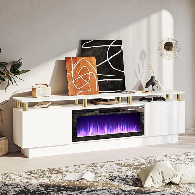 80" Modern Fireplace TV Stand with 36" Electric Fireplace for TVs Up to 90 inch, Luxury LED Light Entertainment Center with High Gloss Cabinet, TV Consoles for Living Room, White + Gold