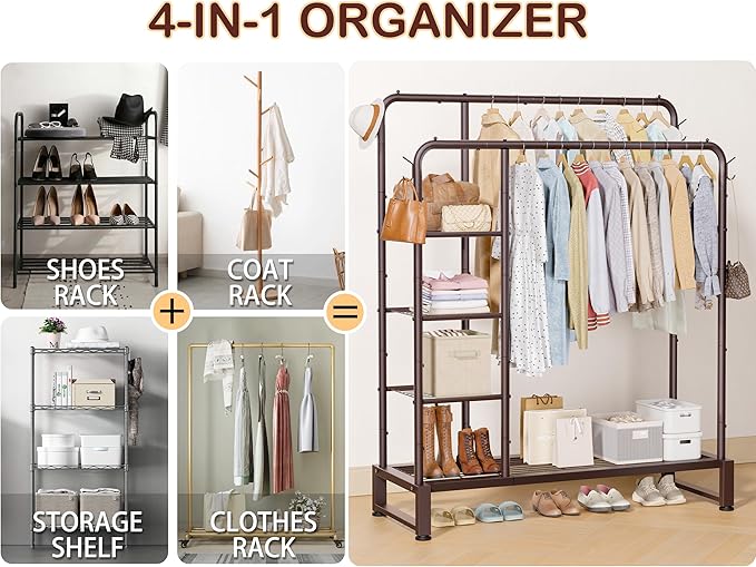 Double Rods Clothes Rack Clothing Rack with 4 Tier Storage Shelves Clothes Rack for Hanging Clothes Multifunctional Heavy Duty Clothes Organizer with Hooks for Bedroom,Wardrobe Closet,Shop,Brown