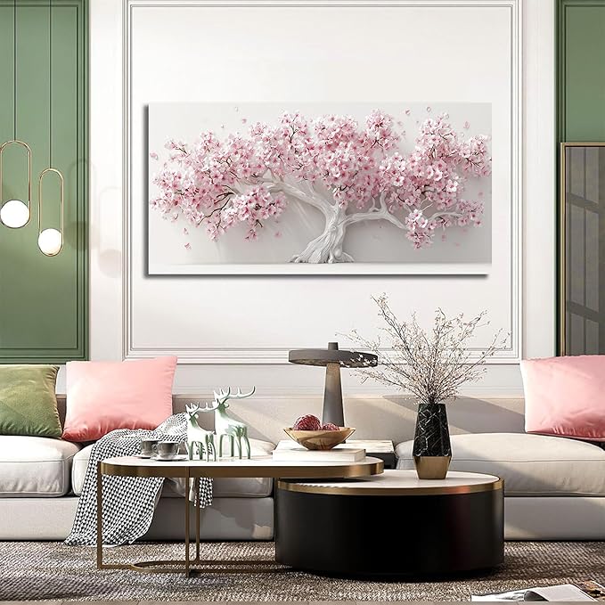Pink Wall Art for Living Room Bedroom Home Office Large Tree Wall Decor Flower Pictures Art White Artwork Modern Floral Canvas 24"x 48"