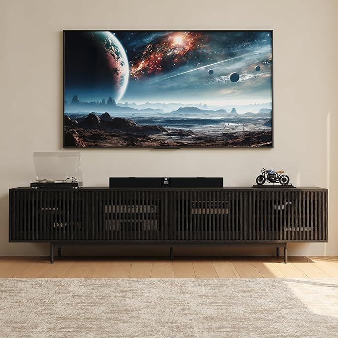 POVISON Mid-Century Modern TV Stand with Slatted Doors, Fully Assembled 94.49" Wood Media Console, TV Console with Tall-cast Metal Legs, Entertainment Center with Storage for Living Room