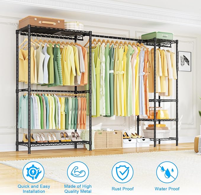 Ulif E10 Clothes Rack（With Stretchable Hanger Rod）Freestanding Clothing Racks for Hanging Clothes，Adjustable Closet Organizer System，Portable Garment Rack 73-97"W x 15" D x 72" H，Max Load 800LBS，Black