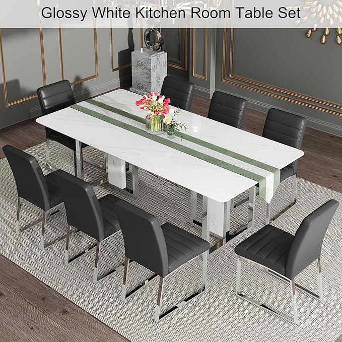 79 Inch Modern Dining Table Set for 8, White Luxury Kitchen Set with 1.8-inch Faux Marble Table Top & 8 PU Leather Upholstered Chairs for Dining and Living Room