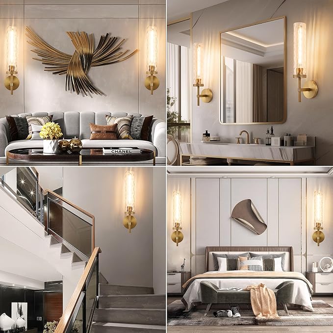 19.5" Knurled Brass Wall Sconce with Water Ripples Glass Tube, Gold Bathroom Vanity Light Fixtures, Modern Lamp Lighting for Bedroom, Living Room, Hallway, Staircase, Mirror, Kitchen