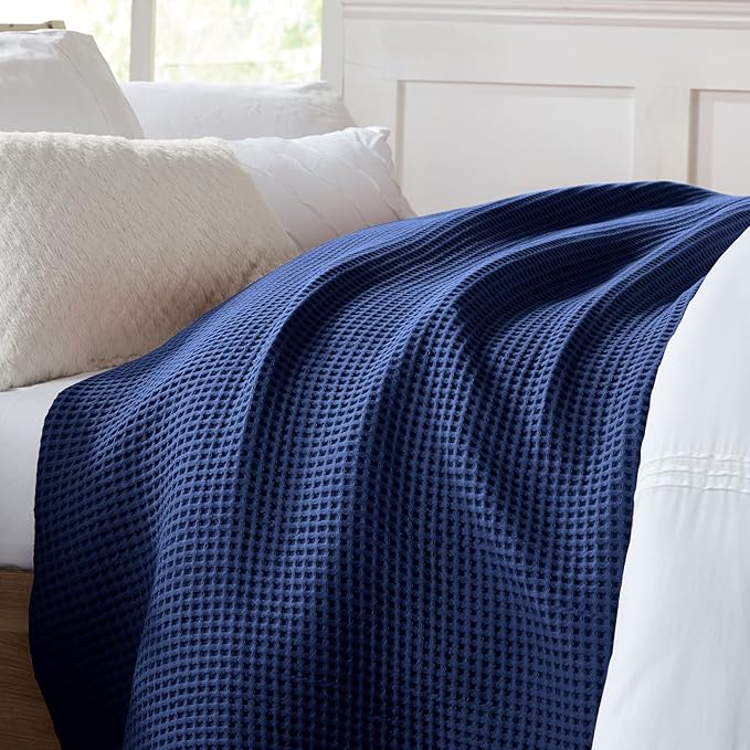 100% Cotton Waffle Weave Bed Blanket | Soft, Breathable, and Lightweight Blanket for All-Season | Perfect for Layering | Brielle Collection (King, Navy)