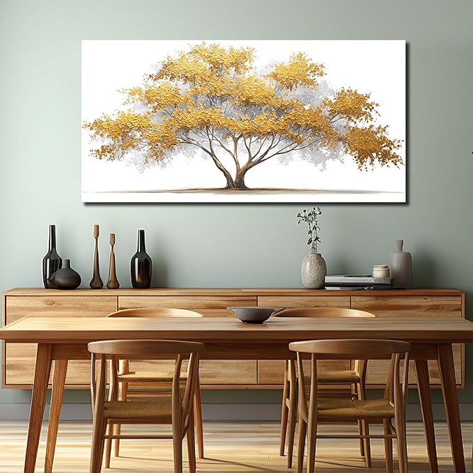 Tree Wall Art White Pictures Wall Decor Yellow Canvas Art for Living Room Bedroom Bathroom Office Large Modern Artwork 29"x 59"