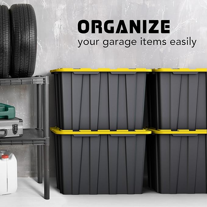 4 PACK of X-Large 23 Gallon Plastic Storage Bin Tote Organizing Container with Secure Latching Lids, Stackable, Extra Strength with Built in Handle - Black & Yellow
