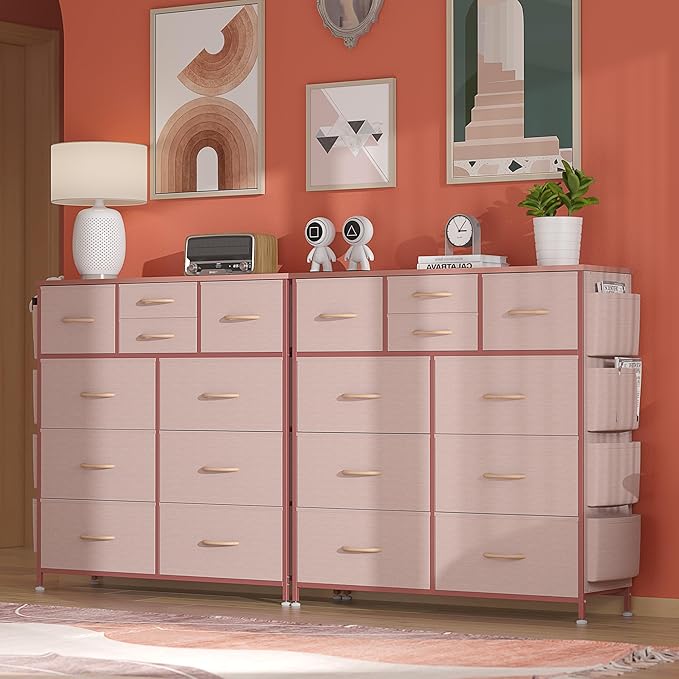Lulive 10 Drawers Pink Dresser for Bedroom - Chest of Drawers with Side Pockets and Hooks, PU Storage Dresser, Organizer Unit for Living Room, Hallway, Closet (Pink)
