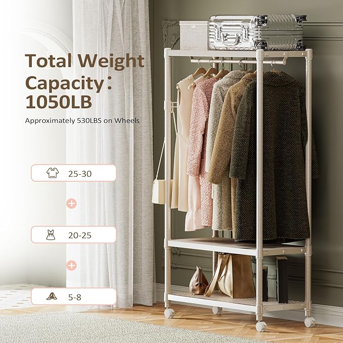 IZEUK Heavy Duty Rolling Garment Rack Wire Clothes Rack for Hanging Clothes, Metal Freestanding Closet Wardrobe Rack 3-Tier Clothing Rack with Wooden Boards Gold 17.7" D x 33.5" W x 70.3" H