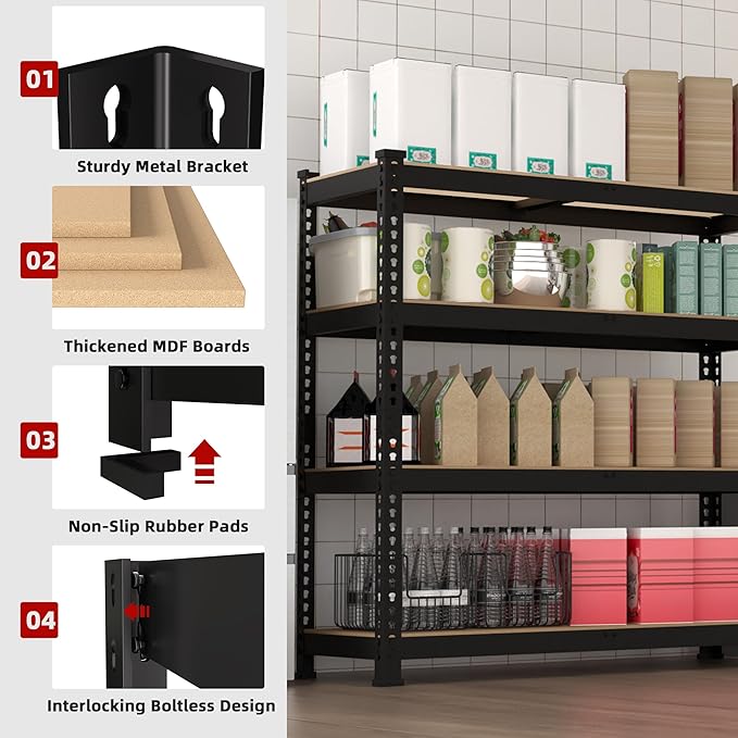 36" W x 16" D x 55" H Adjustable Garage Storage Shelves - 4-Shelf Heavy Duty Shelving Unit, Metal Utility Storage Organizer Racks for Warehouse Pantry Closet Kitchen, Black