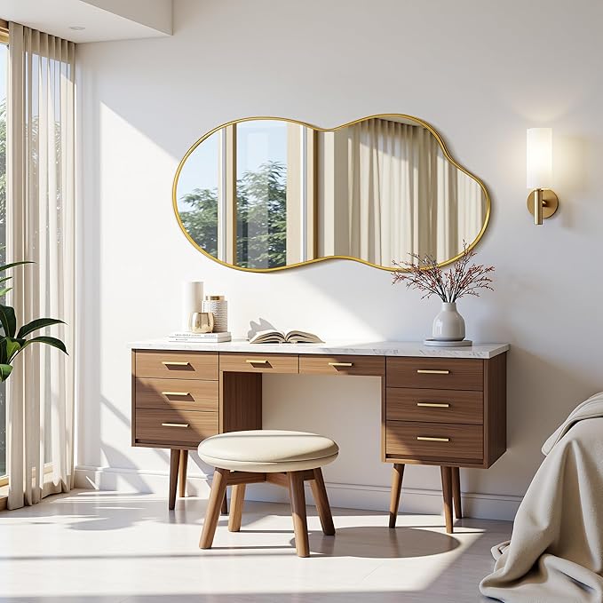 Suidia Irregular Wall Mirror, 48"x26" Bathroom Mirror Asymmetrical Mirrors Artistic Mirrors Decorative for Living Room Bedroom Bathroom Hallway Entryway, Gold, Cloud Style