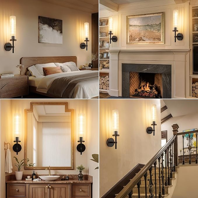 19.5" Knurled Brass Wall Sconce with Vertical Striped Glass Tube, Black Gold Bathroom Vanity Light Fixtures, Modern Lamp Lighting for Bedroom, Living Room, Hallway, Staircase, Mirror, Kitchen