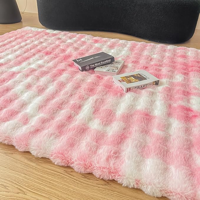 Pink White Rabbit Plush Area Rug for Bedroom Living Room Sofa,5'X8' Faux Fur Fluffy Shaggy Rectangular Square Rug for Kids Teen Girls Room,Furry Carpet Rug for Nursery Baby Room Decor for Teenage