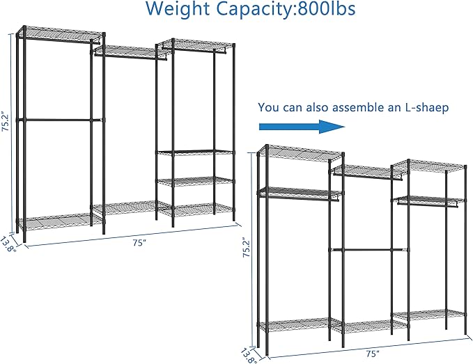 Heavy Duty Clothes Rack,Freestanding Clothing Shelf,Metal Garment Rack,Adjustable Custom Closet Shelf, 75" L x 13.8" W x 75.2" H, Max Load 800LBS, Large(Black)