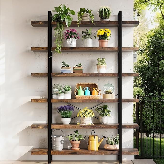 6-Tier Industrial Bookcase, 47 Inch Wide Wood Bookshelf, 120lbs Shelf Capacity, Rustic Open Shelving Heavy Duty Display with Reinforced Horizontal Brown Shelves for Living Room Bedroom Office -2Pcs
