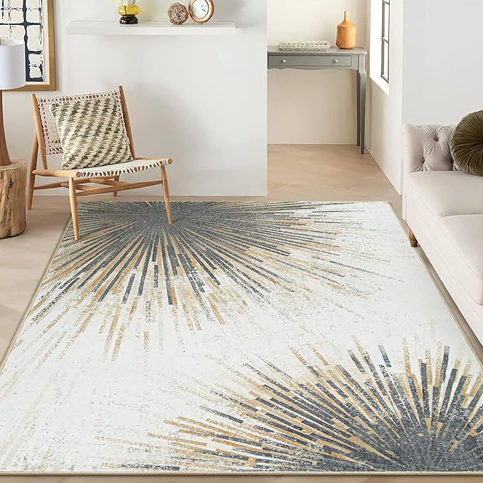 Lahome Modern Rugs for Living Room 5x7 Rug - Machine Washable Rugs Throw Soft Bedroom Area Rug Ultra-Thin Non-Slip Dining Room Rug, Abstract Print Carpet Rug for Office Kitchen (Gold/Gray, 5'x7')