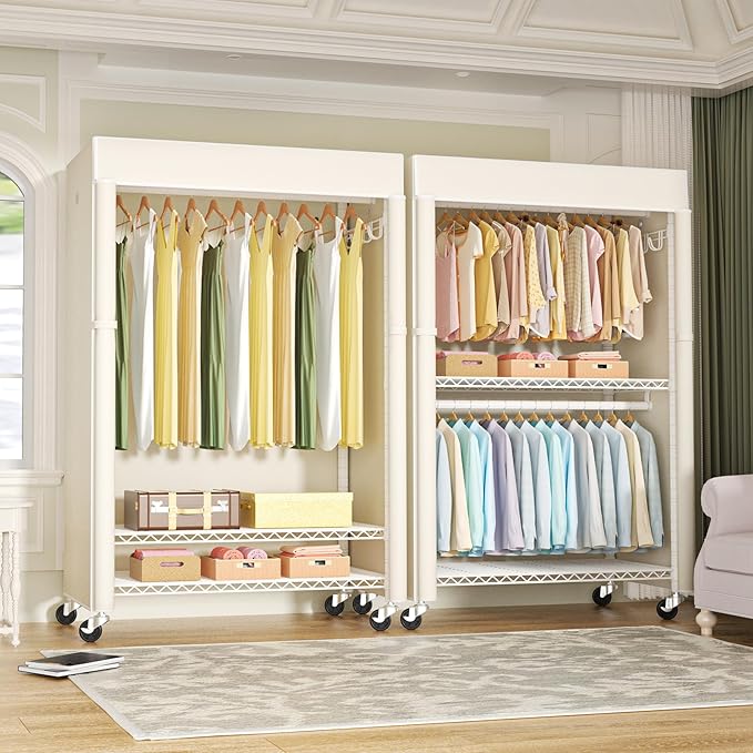 FUTASSI White Clothing Rack with Beige Cover, P1C Plus Rolling Closet with Wheels, Metal Garment Rack for Hanging Clothes, Clothing Storage Wardrobe, 46" W x 18.5" D x 80.7" H, Load 524 Pounds