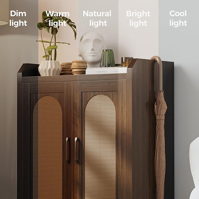 Shoe Cabinet Storage for Entryway, Natural Rattan Storage Cabinet, Wooden Shoe Rack, Farmhouse Boho Wood Shoe Organizer Cabinet for Hallway Walnut