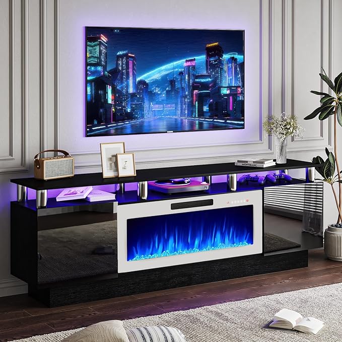 70" Modern Fireplace TV Stand with 36" Electric Fireplace for TVs Up to 80 inch, Luxury LED Light Entertainment Center with High Gloss Cabinet (Black + Silver Posts with White Fireplace)