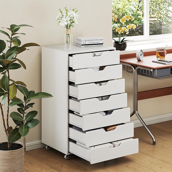 LOKO 7-Drawer Storage Cabinet, Versatile Drawer of Chest with Lockable Wheels, Mobile Office Lateral File Cabinet, for Home Office, Study (White, 16" D x 19.5" W x 34.5" H)