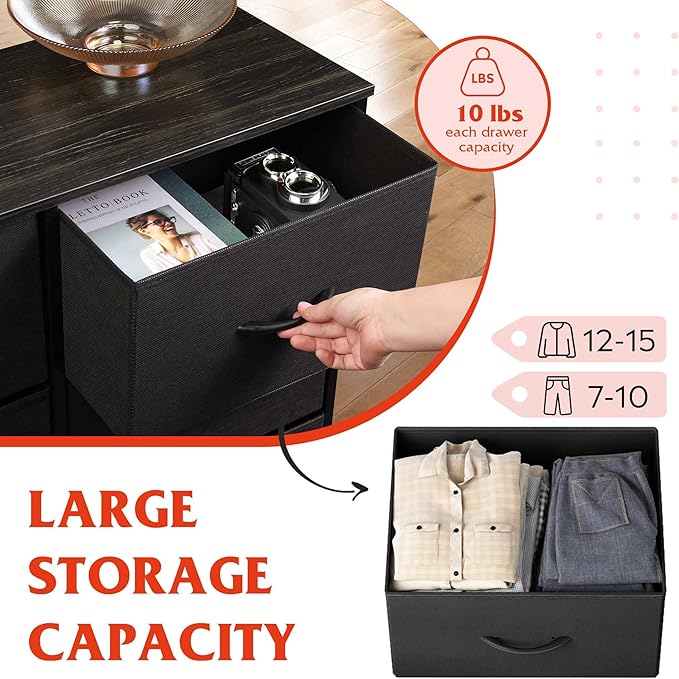 WLIVE Tall Black Dresser for Bedroom with 10 Drawers, Chest of Drawers, Dressers Bedroom Furniture, Storage Organizer Unit with Fabric Bins for Closet, Hallway, Living Room, Entryway