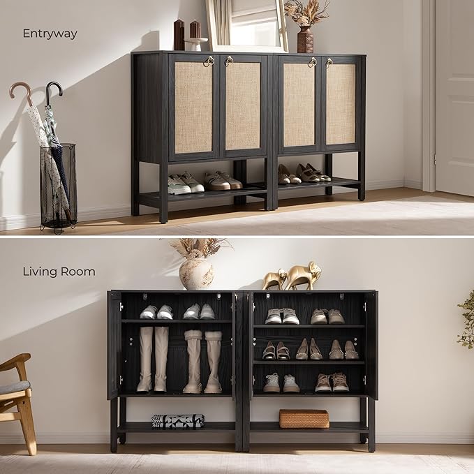 SICOTAS Shoe Cabinet with Storage - 3 Pieces Farmhouse Boho Shoe Organizer with Rattan Doors & Shelves, 5 Tier Free Standing Shoe Rack Storage Cabinet for Entryway, Hallway, Foyer, Closet (Obsidian)