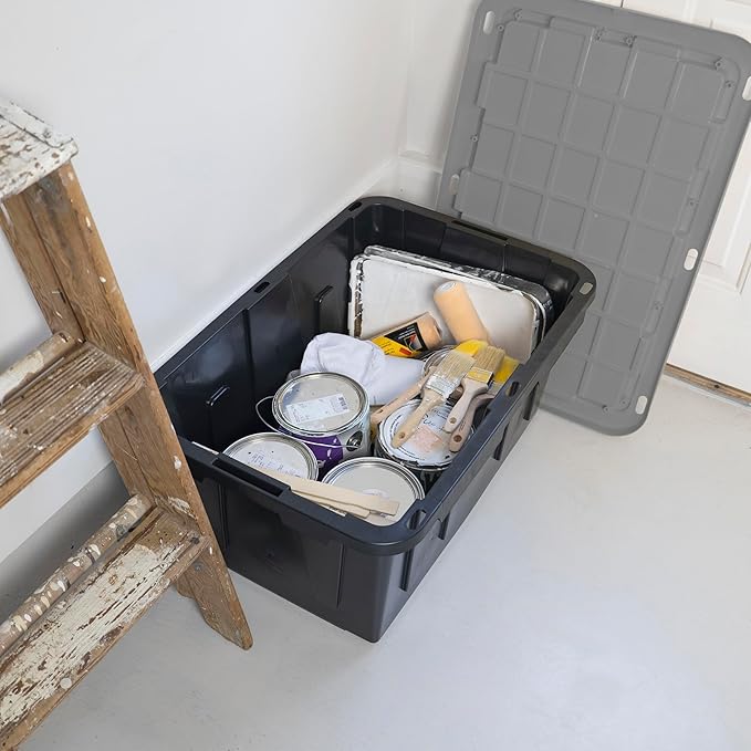 CX BLACK & YELLOW, 27-Gallon Heavy Duty Tough Storage Container & Snap-Tight Lid, Black & Grey (14.3"H x 20.6"W x 30.6"D), Weather-Resistant Design and Stackable Organization Tote [2 Pack]