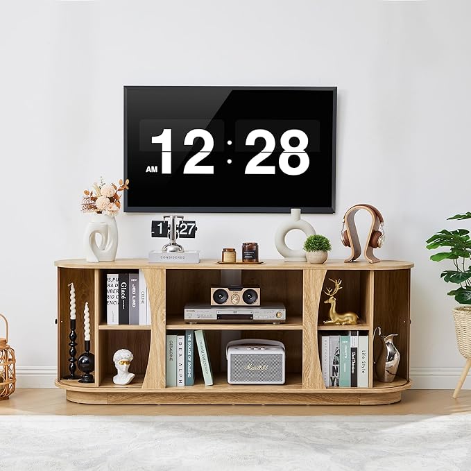 Turtle & Myrtle 63" Mid Century Modern TV Stand for Tvs up to 70", Fluted TV Media Console Table with Storage and Adjustable Shelves, Curved Edge Entertainment Center for Living Room(Natural)