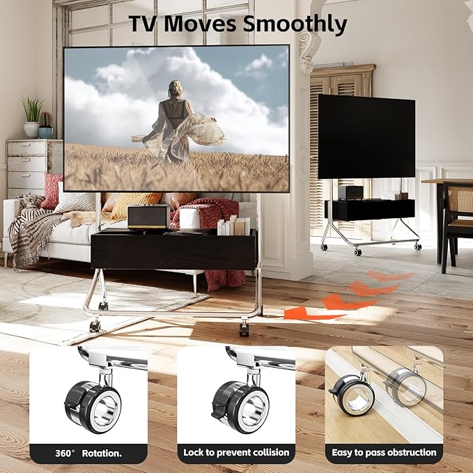 Solid Wood Mobile TV Cart Rolling TV Stand with Wheels for 42-75 Inch LCD LED Flat Curved Screens up to 180 Lbs, Heavy Duty Portable Floor Stainless Steel Mobile TV Stand (Black, 42-75inch)