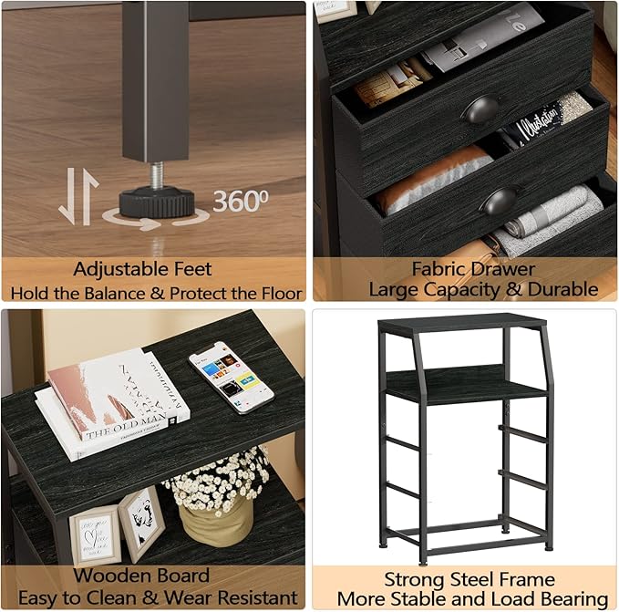 Furnulem Black Night Stand, Small Dresser for Bedroom, Nightstand with 3 Fabric Storage Drawers and 2-Tier Shelf, End Table Side Furniture for Closet, Hallway, Nursery, Sturdy Steel Frame, Wood Top