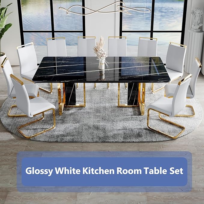 JUFU Dining Table Set for 10, 79'' Dining Table for 8-10 People with Faux Marble Tabletop and Sturdy Leg, White Rectangle Dining Room Table Set for 10 with Light Gray PU Chairs, Ideal for Dining Room