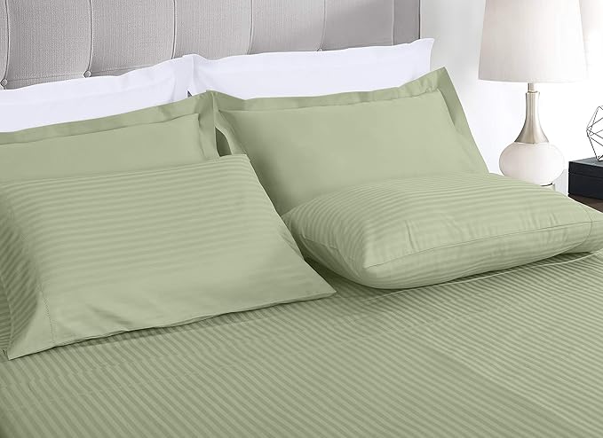 Threadmill 100% Cotton Sheets for King Size Bed - 600 Thread Count King Bed Sheets Set with 16” Deep Pocket - Damask Stripe Sateen Weave 4-Piece Bedding Set with Cooling Effect, Sage Green