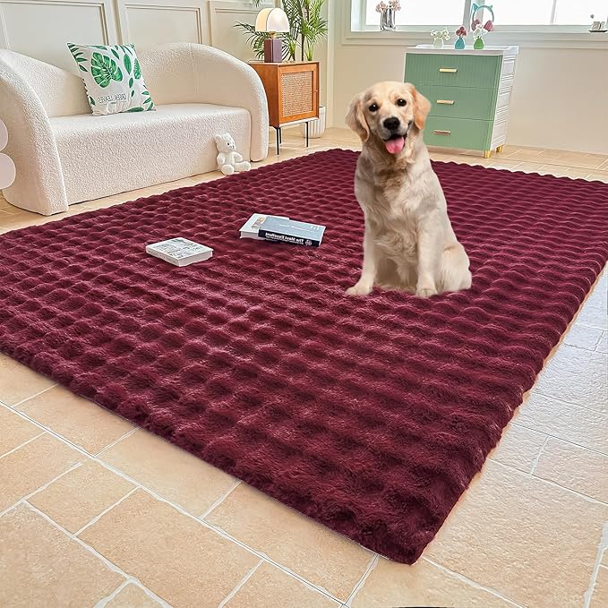 Wine Red Rabbit Plush Area Rug for Bedroom Living Room Sofa,4'X6' Faux Fur Fluffy Shaggy Rectangular Square Rug for Kids Teen Girls Room,Furry Carpet Rug for Nursery Baby Room Decor for Teenage