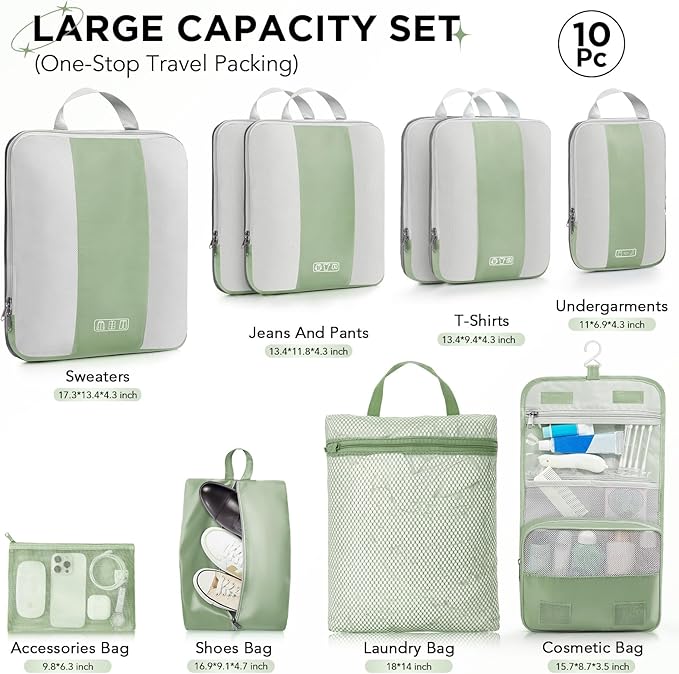 10 Set Compression Packing Cubes for Travel Essentials,Compressible Expandable Packing Cubes for Suitcase,OlarHike Luggage Organizer Bags for Travel,Handy Helper for Organizing Clothes(Matcha Green)